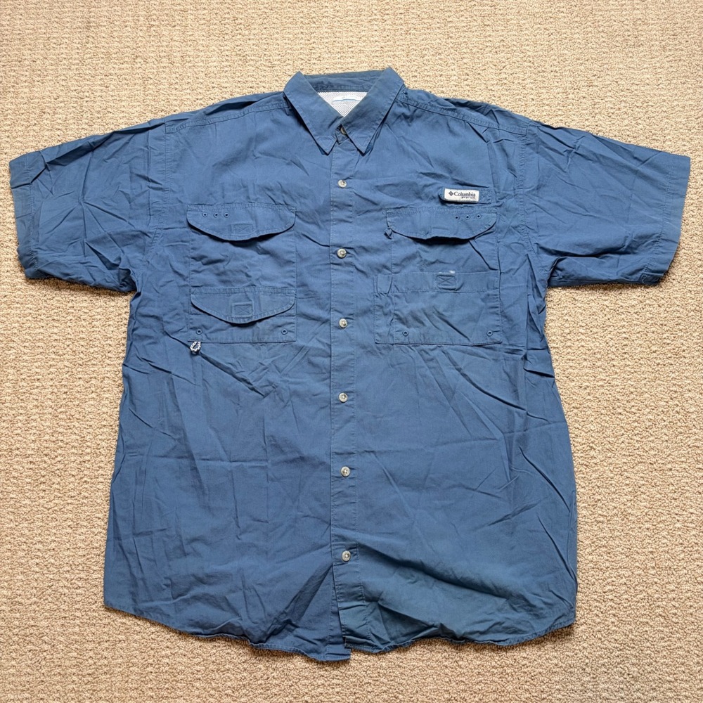 Columbia PFG Mens Blue Short Sleeve Button Down Fishing Shirt Large Utility Vent